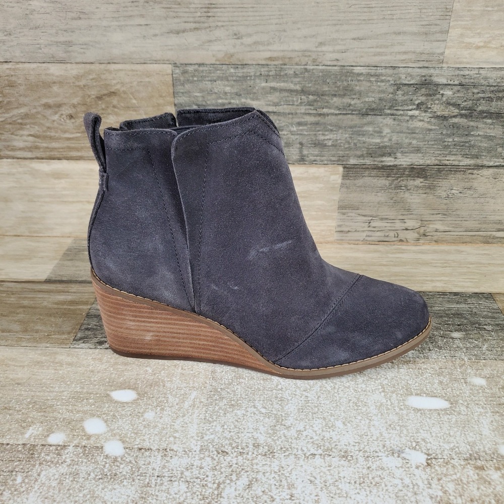 TOMS Clare Womens Booties Sz 6.5 Gray Suede Slip On Wedge Heel Ankle Boots